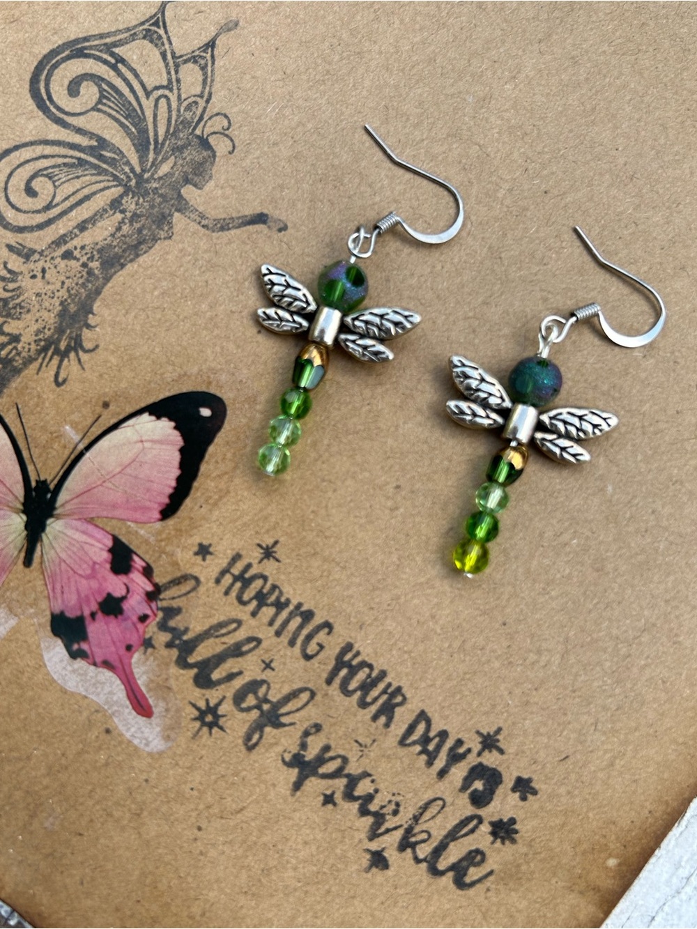 Hand Crafted Green Dragonfly Bead Dangle Earrings